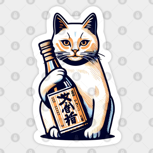 Vintage Cat and Sake: Hilarious Japanese-Inspired Tee Sticker by Klimek Prints